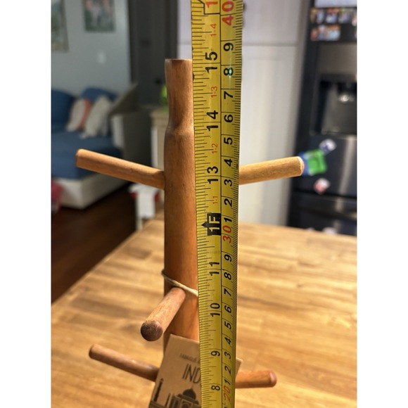 Wooden Mug Tree 6 Spot Holder Handcrafted In India NWT Etched Design On Base - Picture 6 of 7